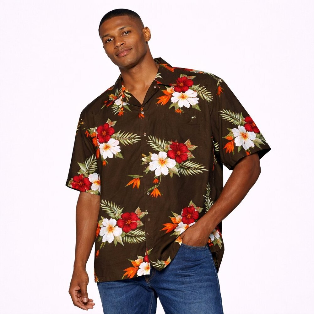 George Hawaiian shirt floral notif light brown background Size: XL